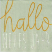 Cocktailserviette 25x25 cm mit „hallo“ und „neues Jahr“ in gold auf hellgrünem Papier
