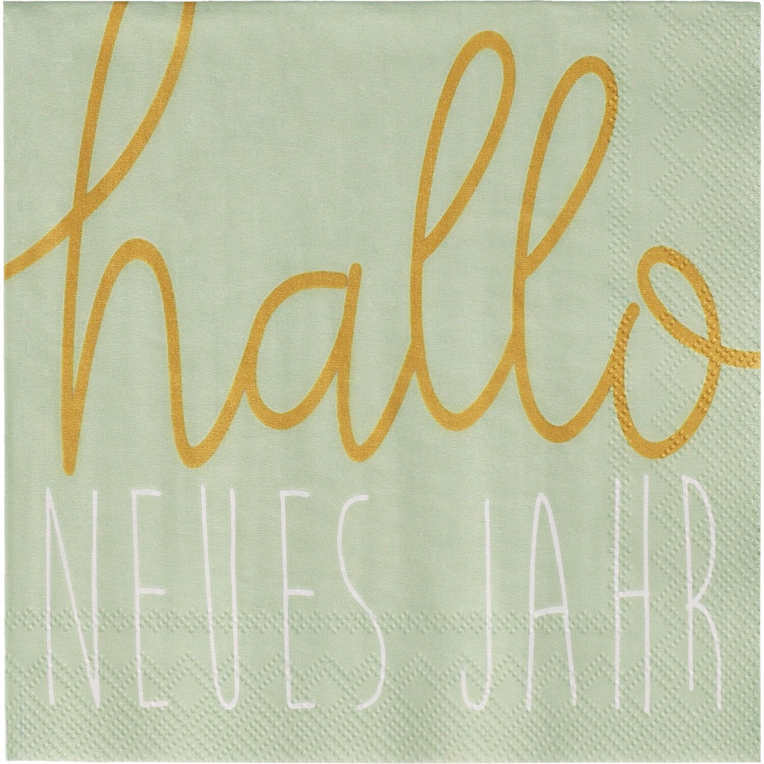 Cocktailserviette 25x25 cm mit „hallo“ und „neues Jahr“ in gold auf hellgrünem Papier