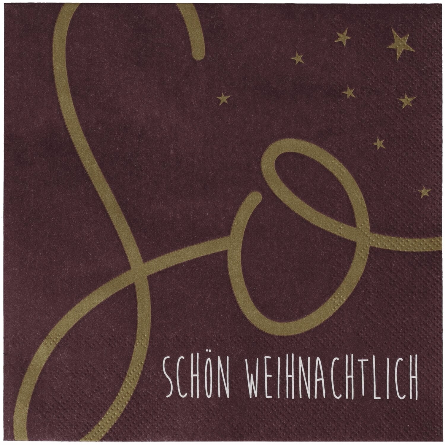 Burgunder Weihnachts-Papierserviette mit goldenen Sternen und „SCHÖN WEIHNACHTLICH“
