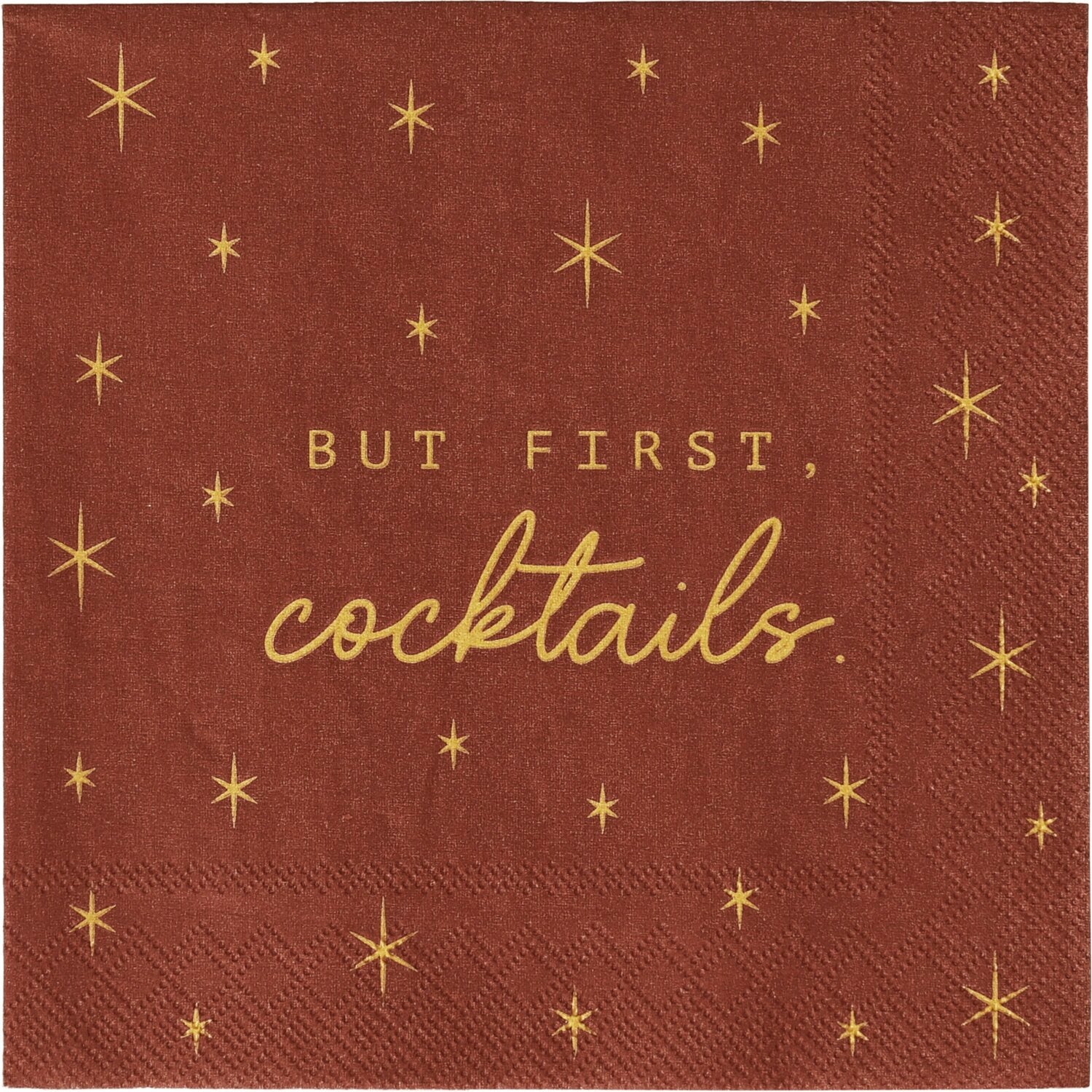 Cocktailserviette 25x25 cm, dunkelbraun mit goldenen Sternen und „But first cocktails“.