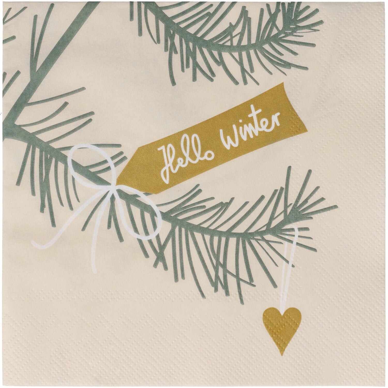 Papierserviette mit Winterzweigen und Schrift „Hello Winter“ auf beigem Untergrund