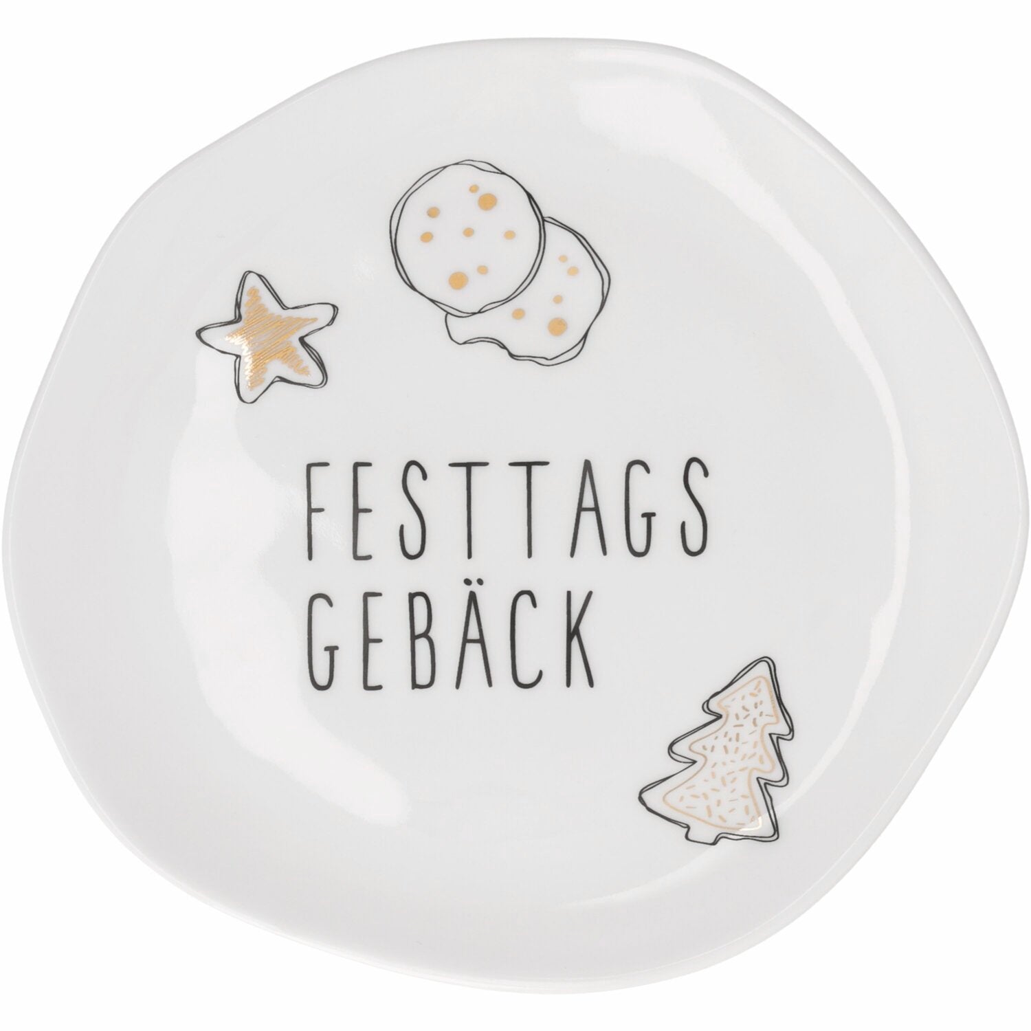 Kleiner weißer Teller mit „FESTTAGS GEBÄCK“-Schrift und Gebäck-Illustrationen