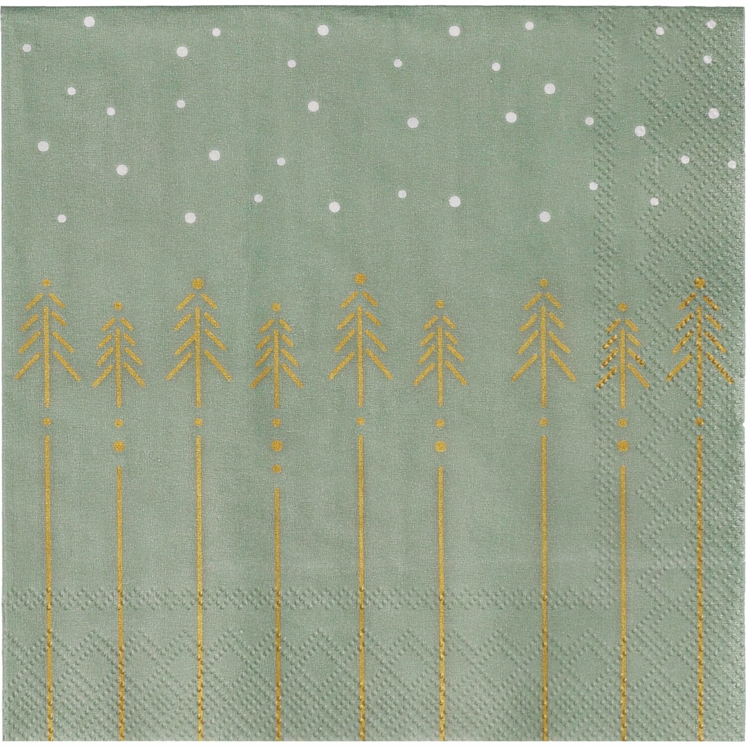 Cocktailserviette (25x25 cm) in graugrün, mit weißen Punkten und goldenen Tannen