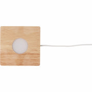 Quadratischer LED-Holzsockel mit rundem Lichtmodul und USB-Kabel, 9x9x2 cm