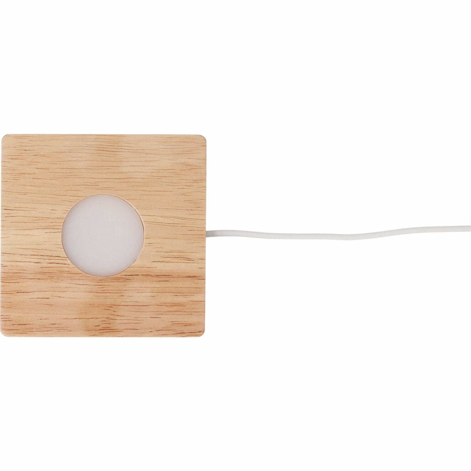 Quadratischer LED-Holzsockel mit rundem Lichtmodul und USB-Kabel, 9x9x2 cm