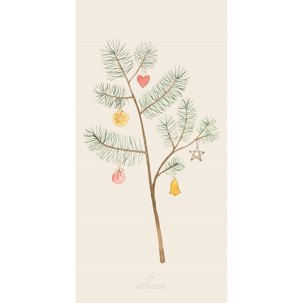 Papierserviette "Zweig mit Weihnachtsschmuck" - 10x20 cm (Natur/Grün)