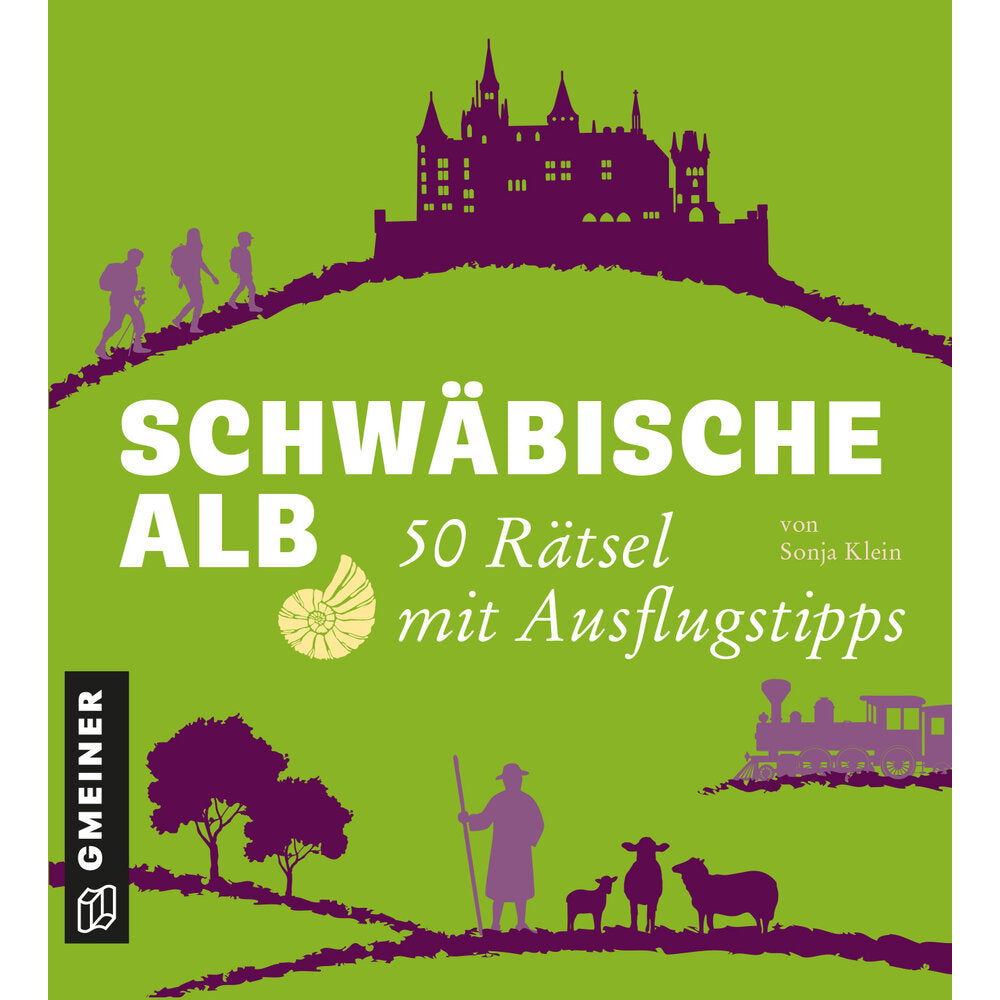 Buchcover „Schwäbische Alb“ mit Burg, Wanderer, Tieren und Pflanzenillustration