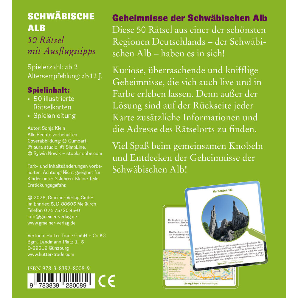 Rückseite des Rätselbuchs mit Informationen und zwei abgebildeten Karten