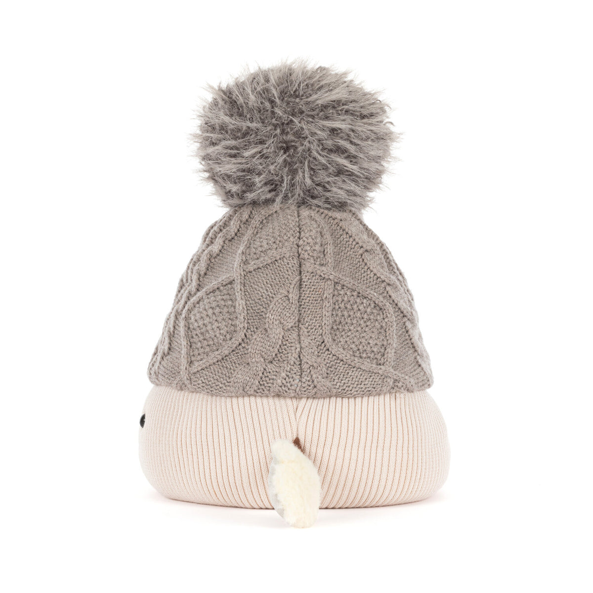 Kuscheltier-Mütze Pomilly mit grauer Strickmütze, Bommel und gestreiftem Körper