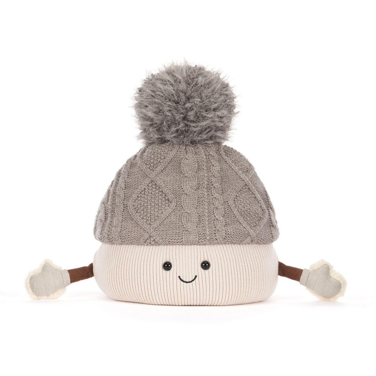 Kuscheltier-Mütze Pomilly mit Bommel, grauem Zopfmuster und lächelndem Gesicht