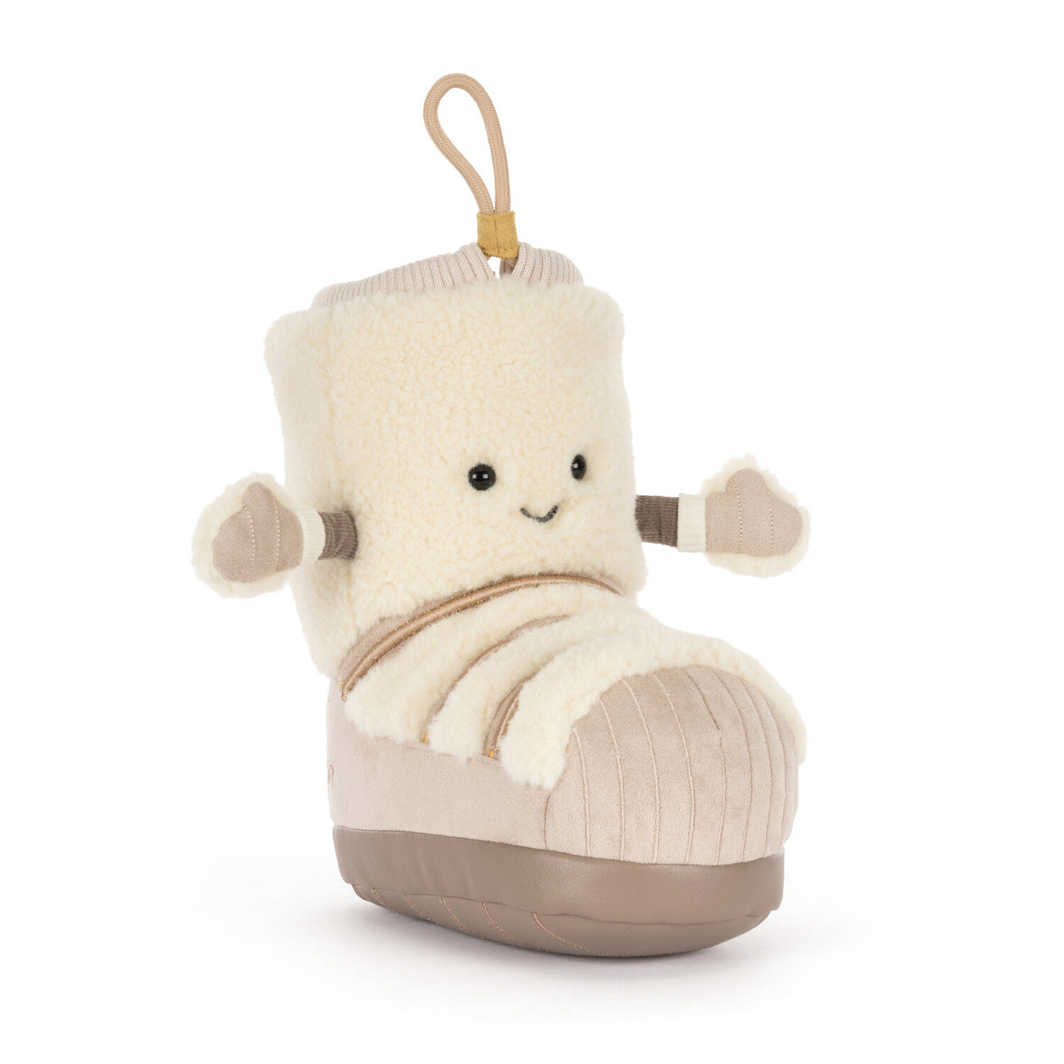 Kuscheltier-Schneeboot „Perta“ beige mit lächelndem Gesicht und gestreiften Schaftdetails