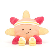 Kuscheltier Sonne mit Stirnband und gelben Rollschuhen, rosa Arme