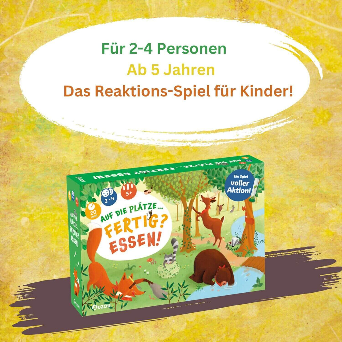 Kinder-Reaktionsspiel-Schachtel: grün mit Waldtieren und „Fertig? Essen!“
