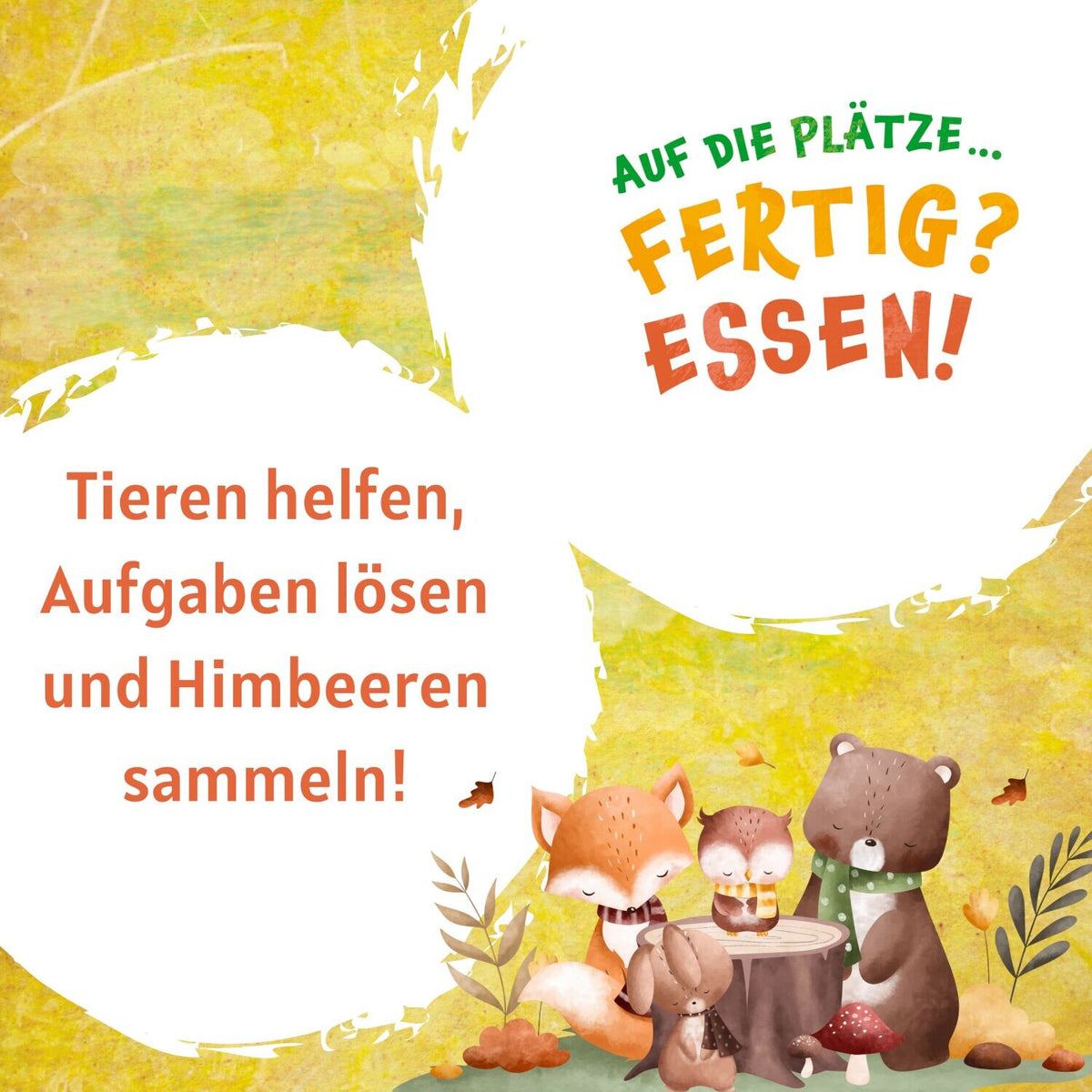 Spiel-Detailgrafik mit Tierfiguren und Text „Auf die Plätze… Fertig? Essen!“
