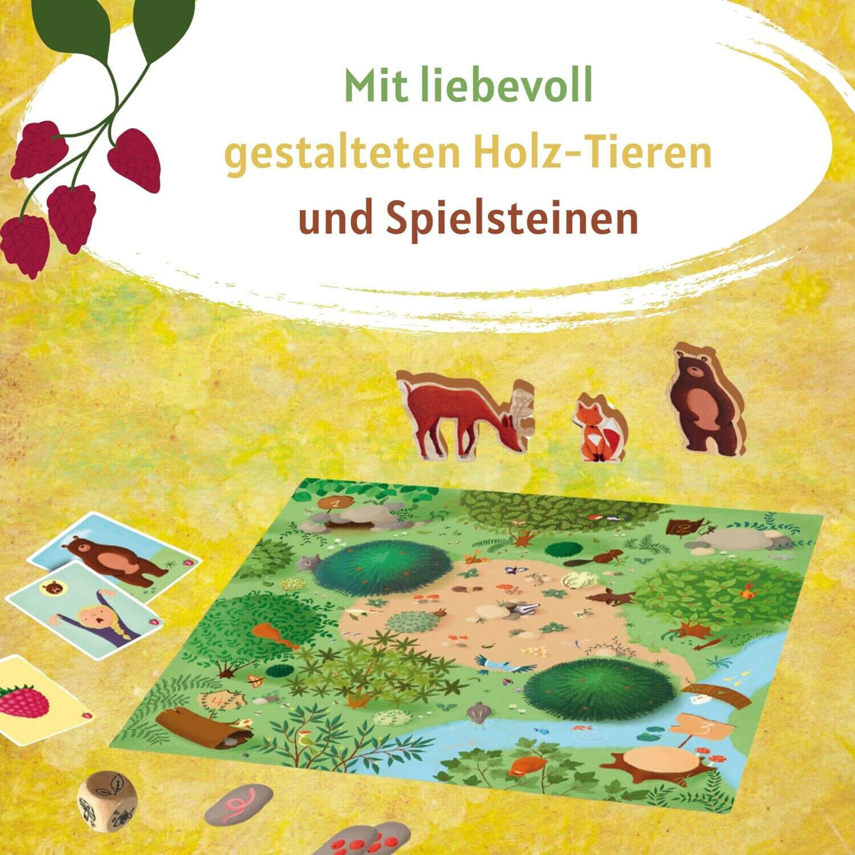 Holztiere und Spielsteine mit Spielplan des Kinder-Reaktionsspiels