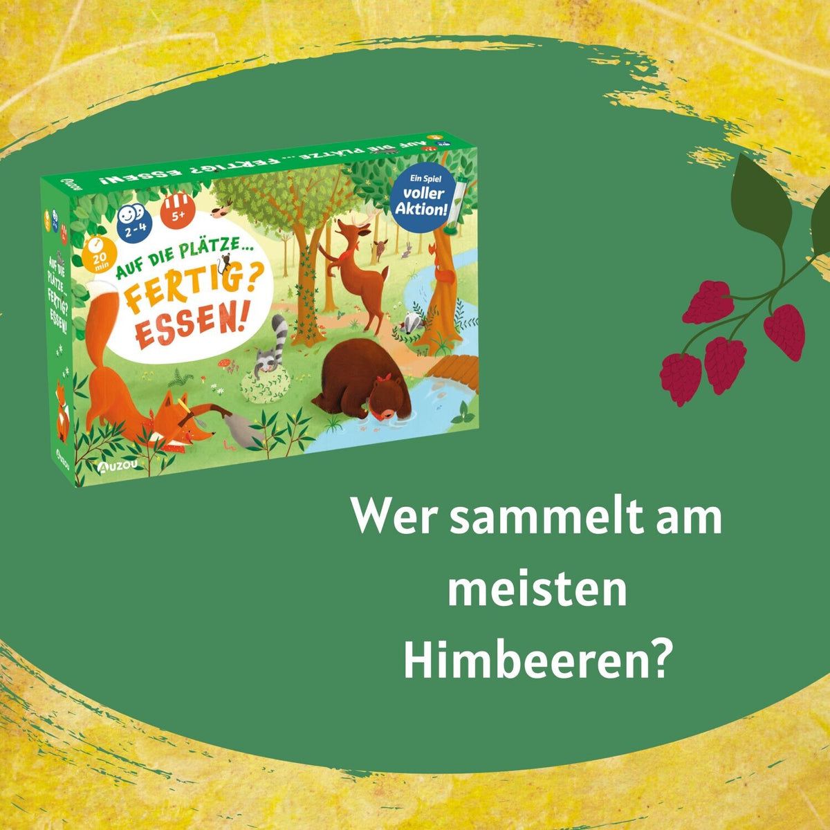 Kinder-Reaktionsspiel-Schachtel auf grünem Hintergrund: Frage „Wer sammelt am meisten Himbeeren?“