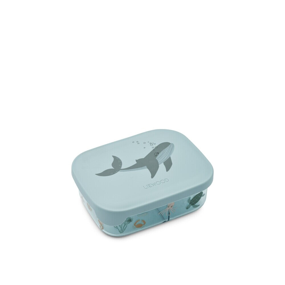 Lunchbox mit Seetier-Motiv, hellblauem Deckel und transparenter Front