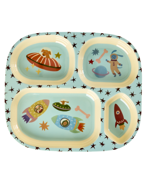 Melamin Baby-Geschirrset in Geschenkbox "Dogs in Space" - 25x11x22,5 cm  (Blau)