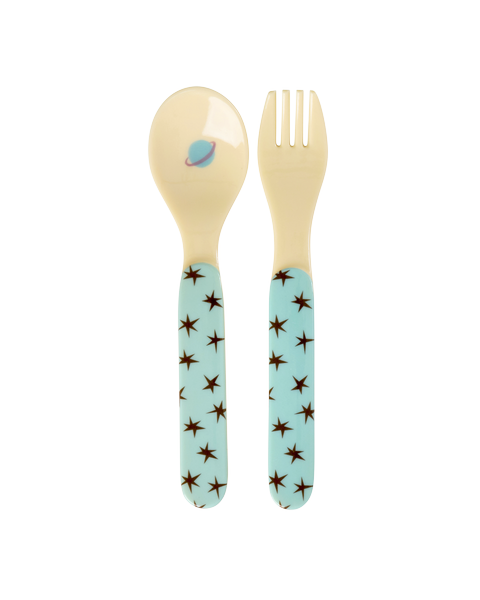 Melamin Baby-Geschirrset in Geschenkbox "Dogs in Space" - 25x11x22,5 cm  (Blau)