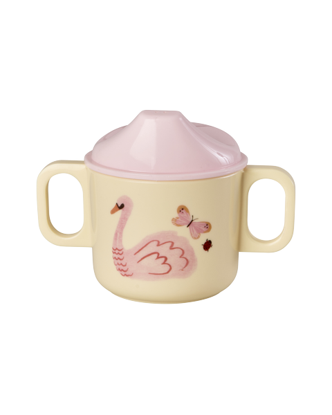 Melamin-Kinder-Schüssel mit Deckel und Henkeln, creme mit rosa Tiermotiv