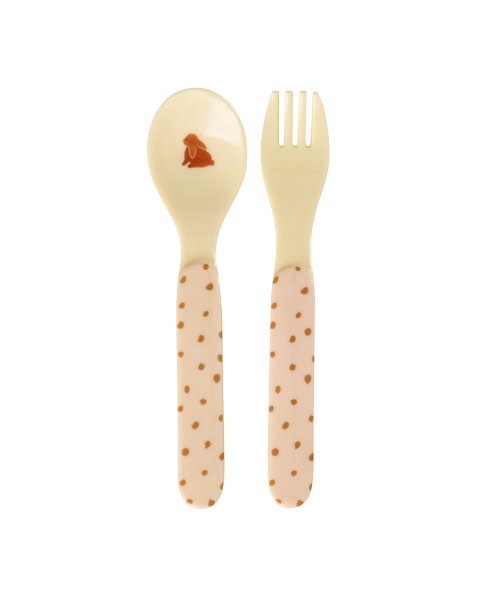 Melamin-Kinderbesteck mit Löffel und Gabel, cremefarben mit braunem Tupfen