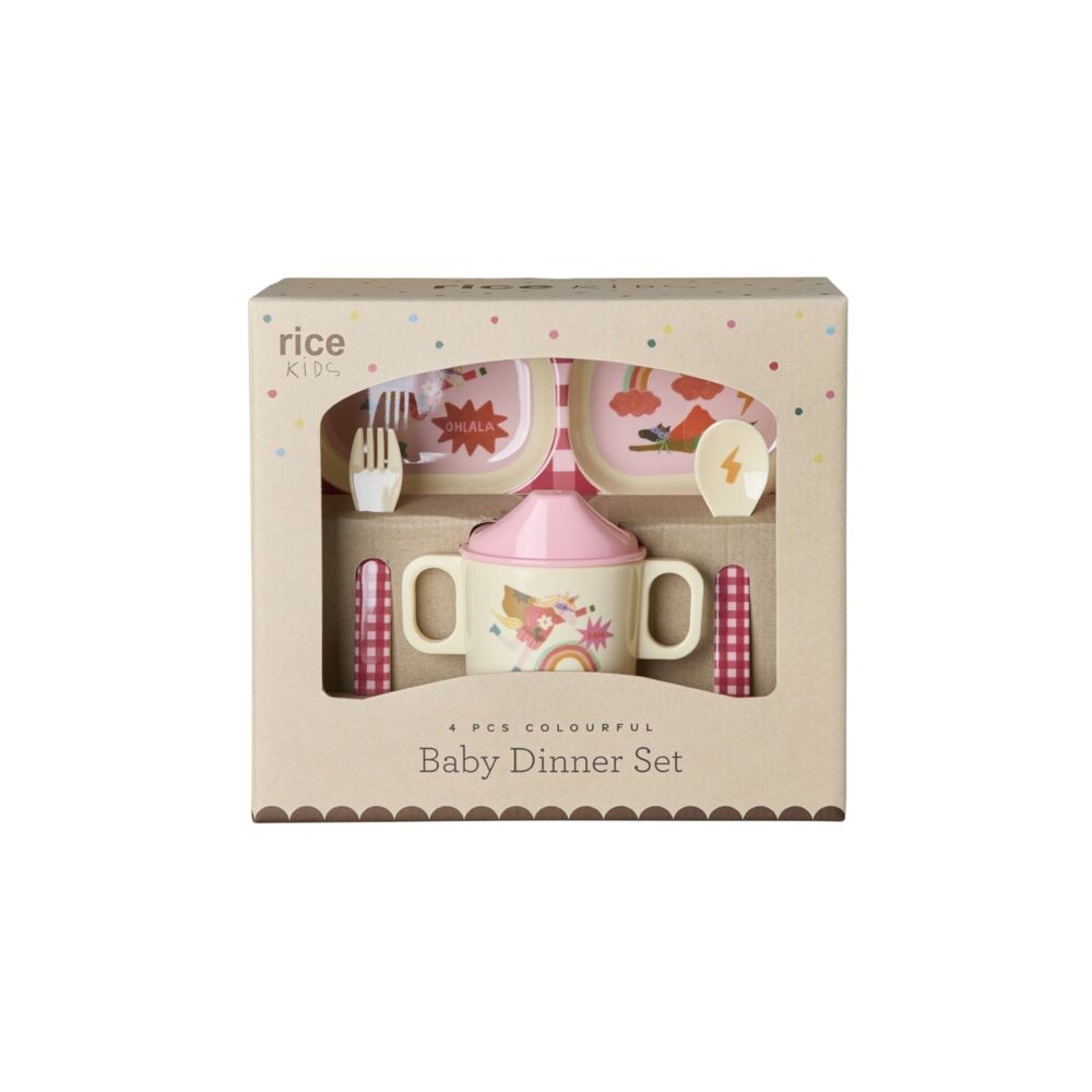 4-teiliges Melamingeschirr-Set für Babys in Geschenkbox, pinkfarben