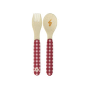 Kinderbesteck-Set aus Melamin „Hero“: Gabel und Löffel mit Karo- und Blumenmotiv