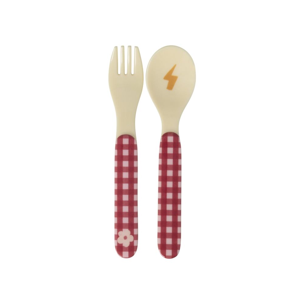 Kinderbesteck-Set aus Melamin „Hero“: Gabel und Löffel mit Karo- und Blumenmotiv
