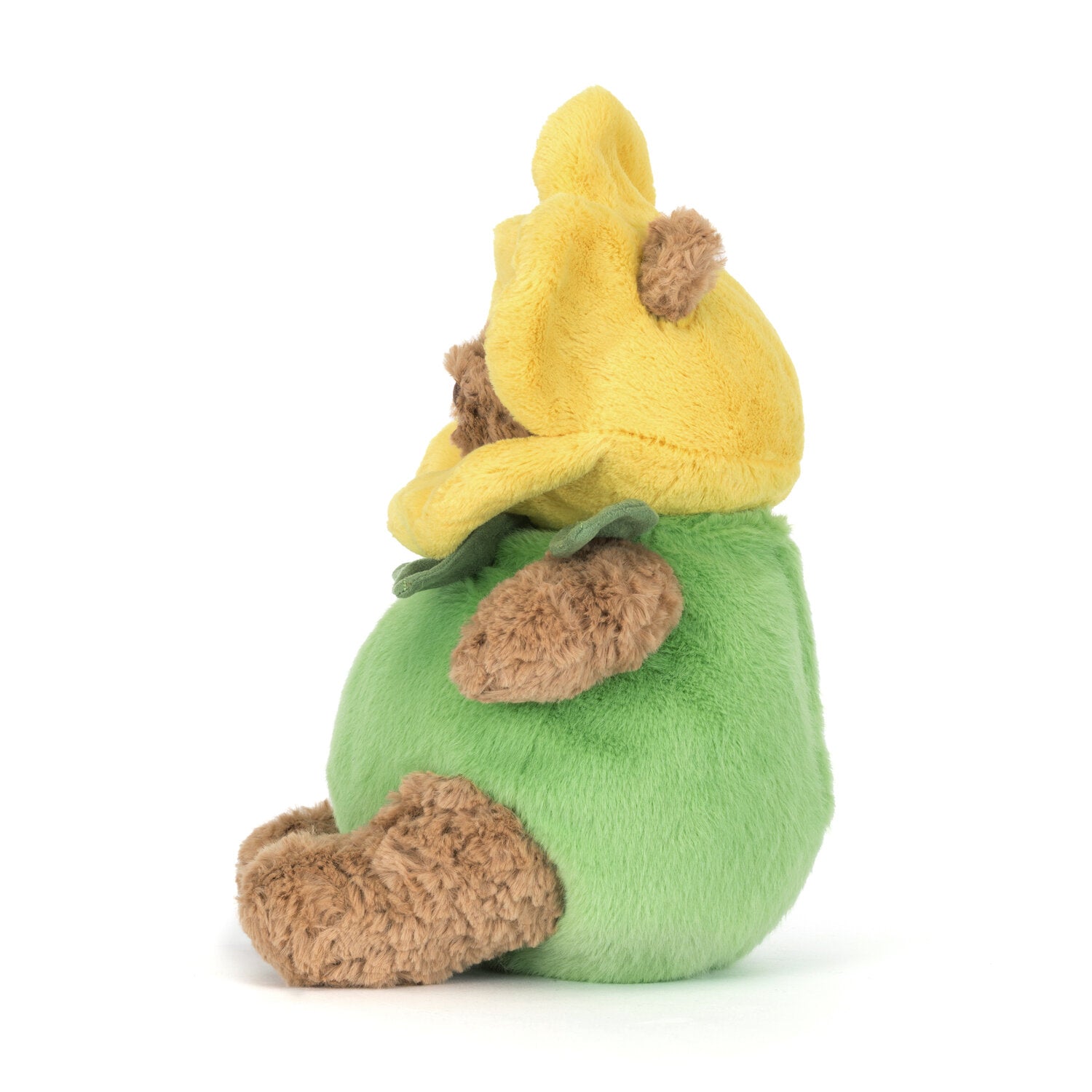 Kuscheltier-Bär mit gelber Blüte und grüner Blumenkleidung, seitlich