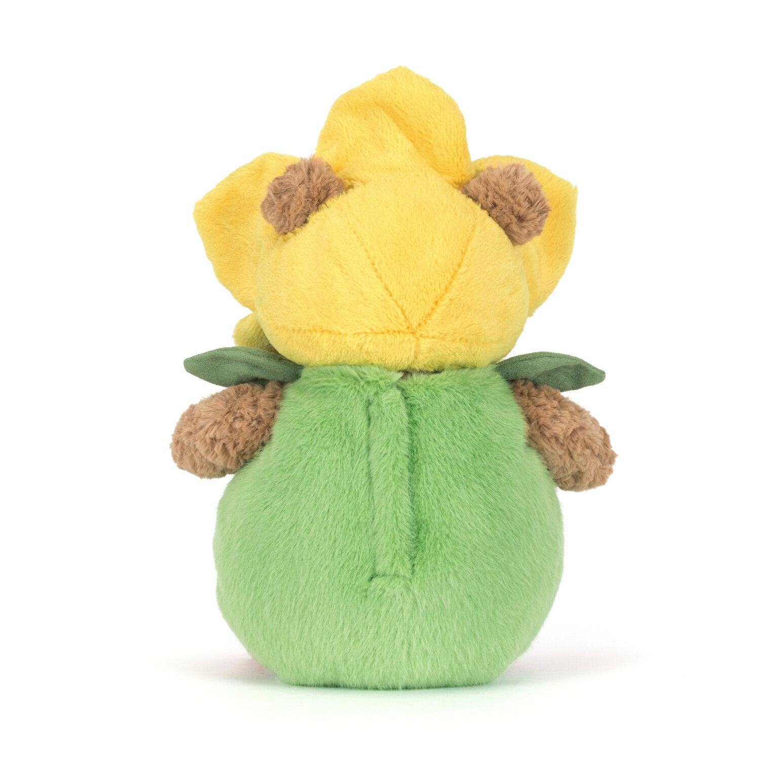 Kuscheltier-Bär mit gelber Blüte und grüner Blumenkleidung, Rückansicht