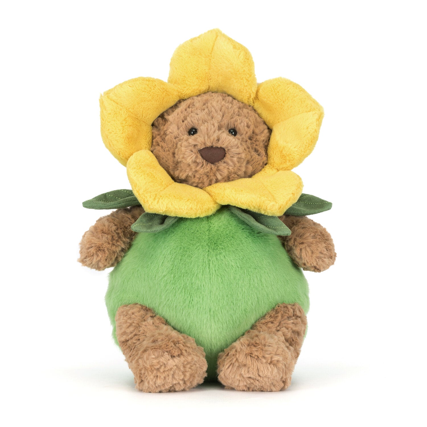 Kuscheltier-Bär mit gelber Blüte auf dem Kopf und grüner Blumenkleidung, stehend