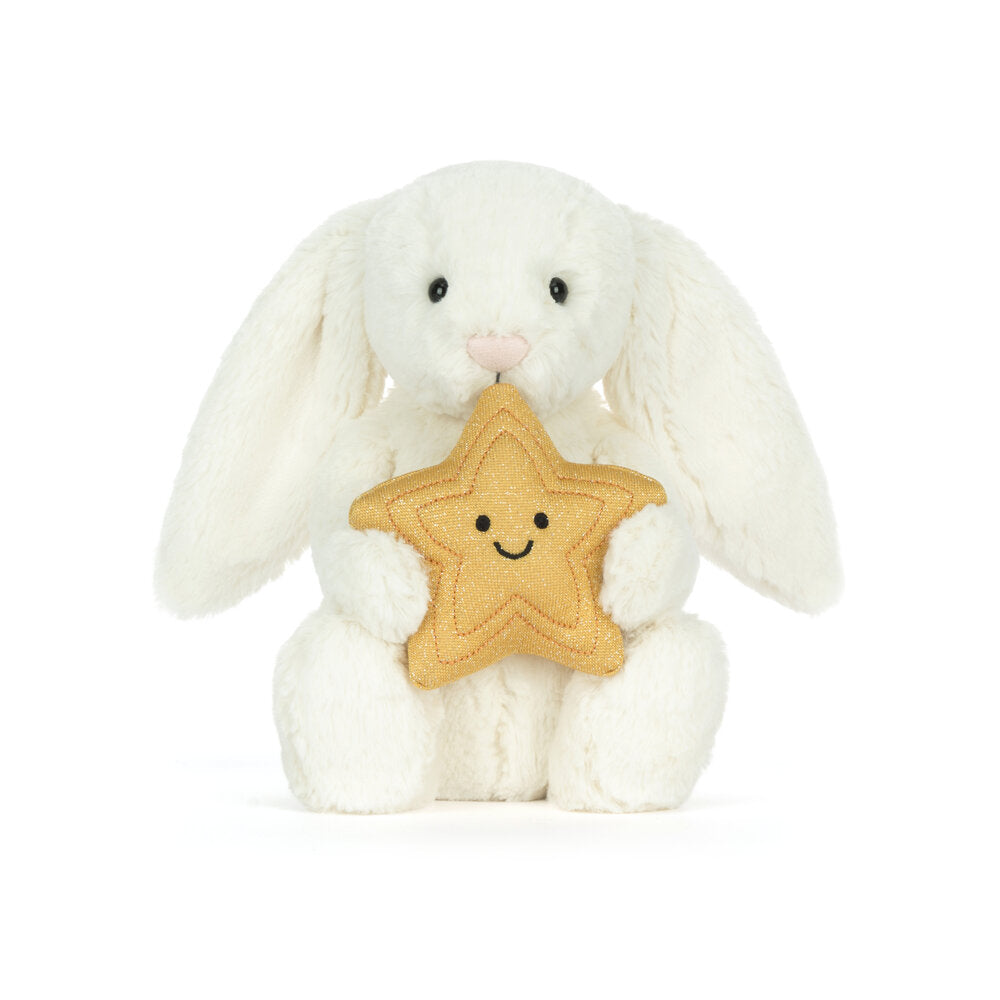 Kuscheltier Hase aus beigem Plüsch mit goldfarbenem Stern mit Smiley