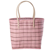 Raffia-Tasche mit kurzen Henkeln, rosa mit braunen Karos