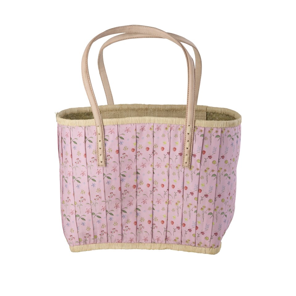 Raffia-Shopper rosafarben mit Blumenmuster, breiten Henkeln und breitem Rand oben