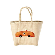 Korbtasche aus Raffia "Car/Autos" - Medium (Natur)