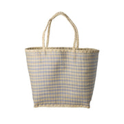 Raffia-Shopper-Tasche mit Karomuster und kurzen Henkeln