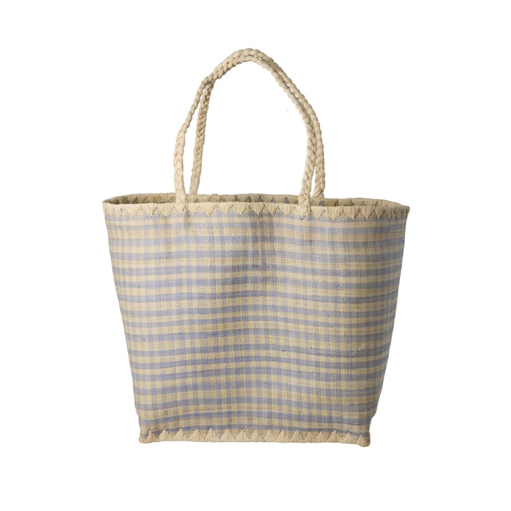 Raffia-Shopper-Tasche mit Karomuster und kurzen Henkeln