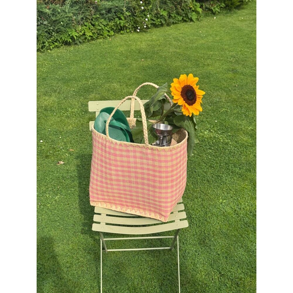 Tasche "Raffia mit Karos" - L (Pink)