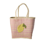Raffia-Tasche mit Zitronenapplikation, rosa gestreift und geflochtenen Henkeln