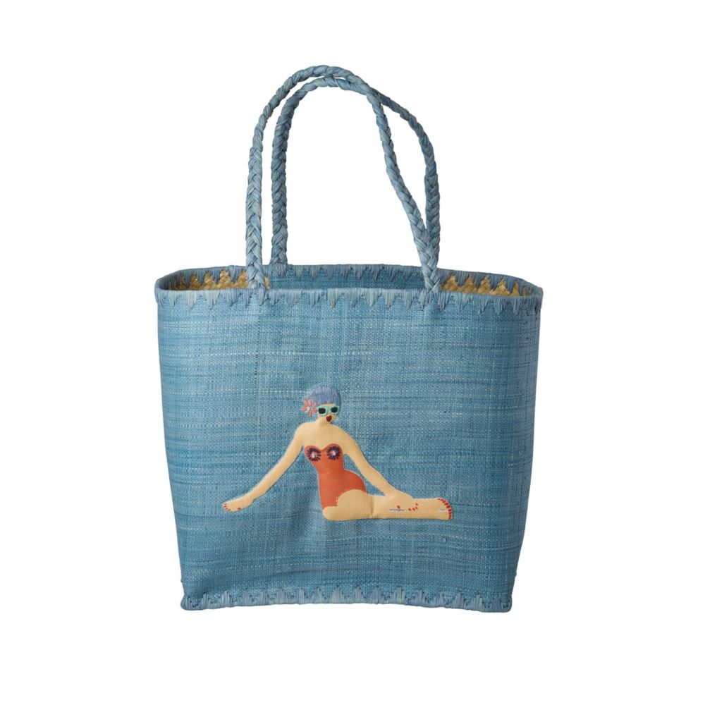 Blaues Raffia-Totebag mit Tragegriffen und Schwimmerinnen-Motiv