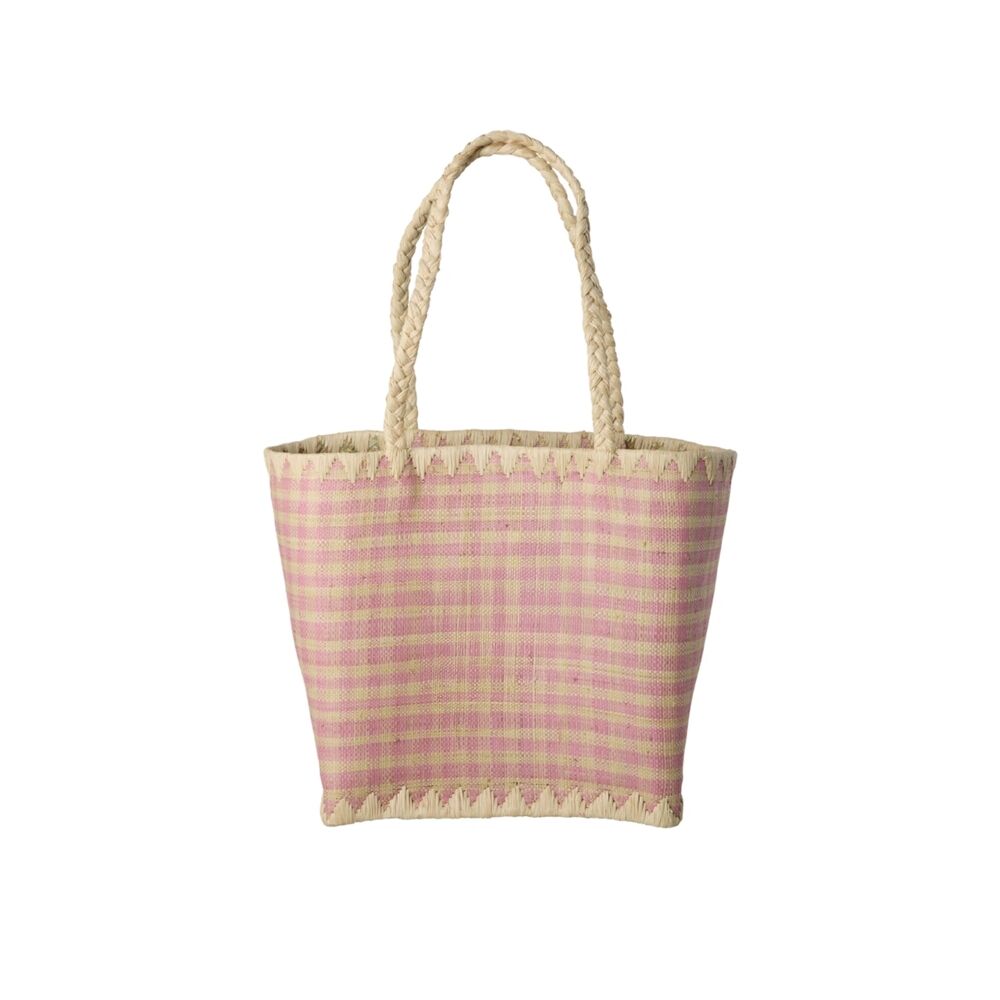 Raffia-Shopper mit Karomuster und hellem Tragehenkel, rosa-beig, mit Zierkante