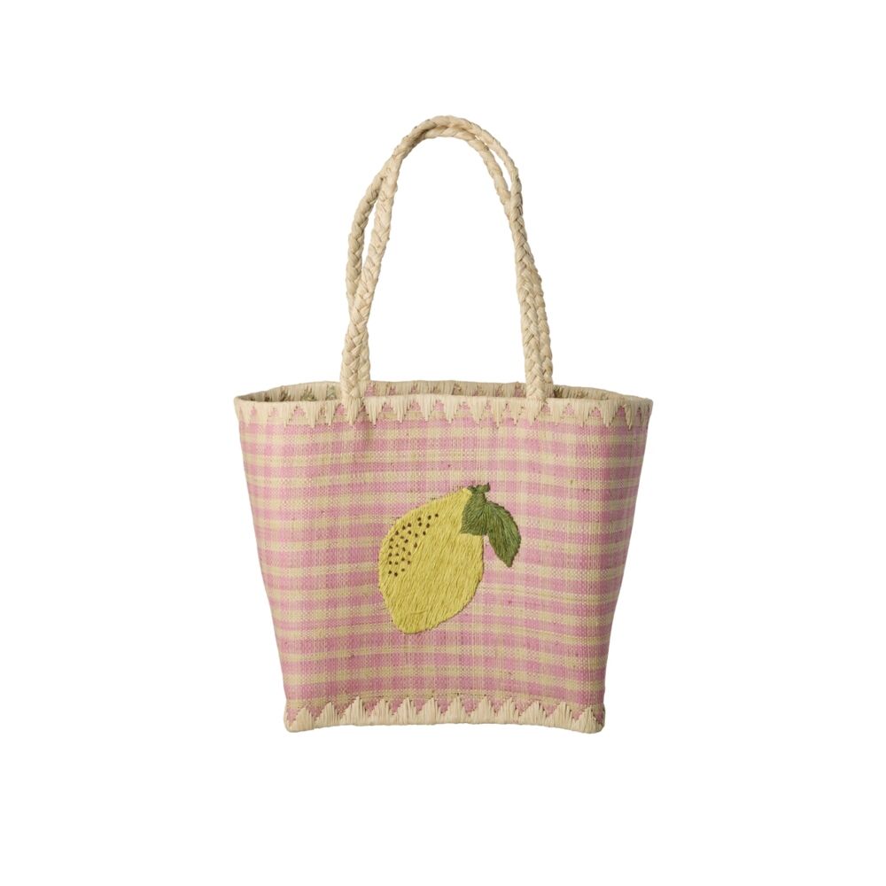 Raffia-Shopper (S) mit rosa Karomuster und Zitronenapplikation vorn