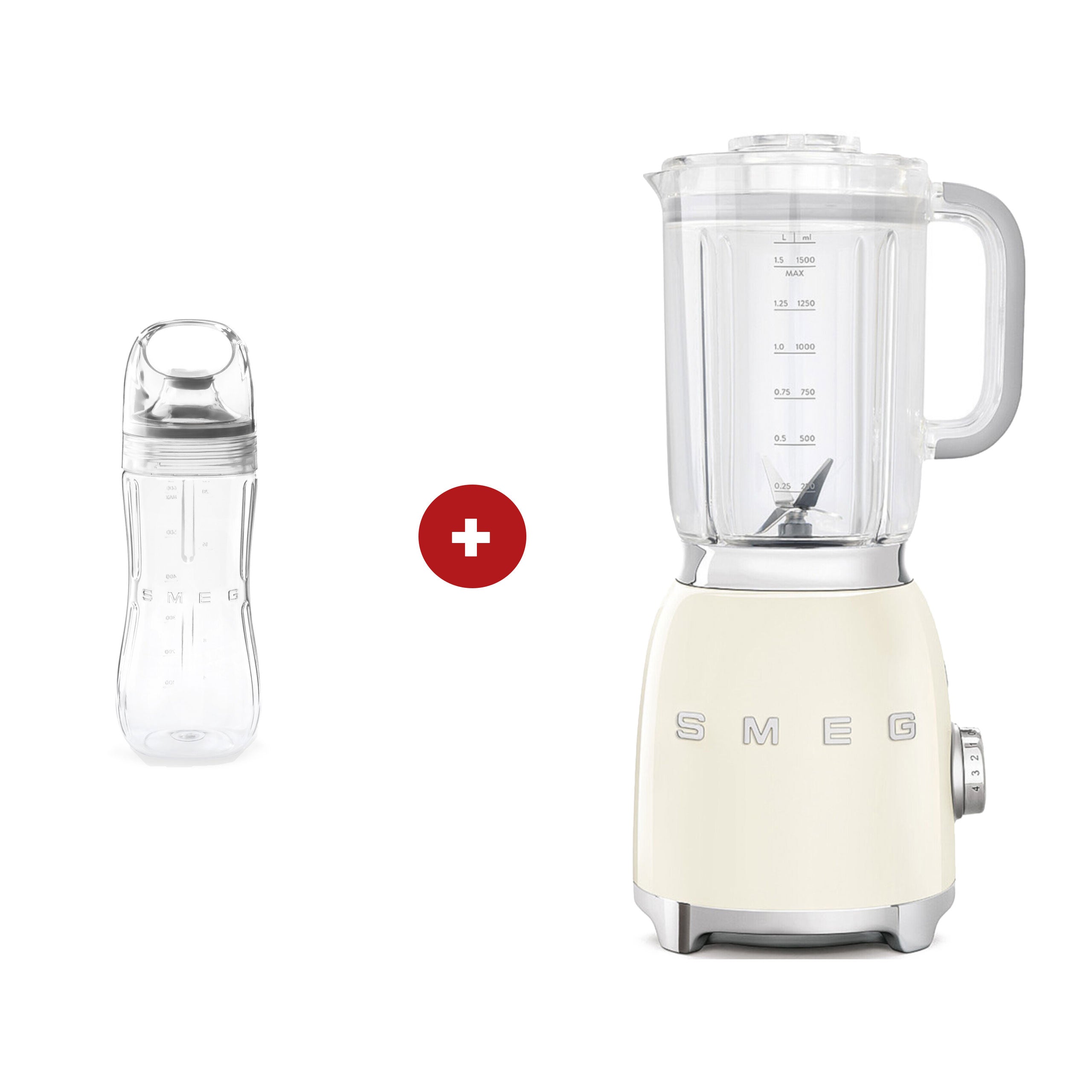Standmixer mit To-go Trinkflasche im Set: cremefarbene Basis und transparente Flasche