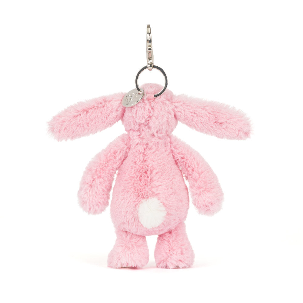 Rosa Plüschhase als Taschenanhänger mit Metallring und weißem Bauchpatch