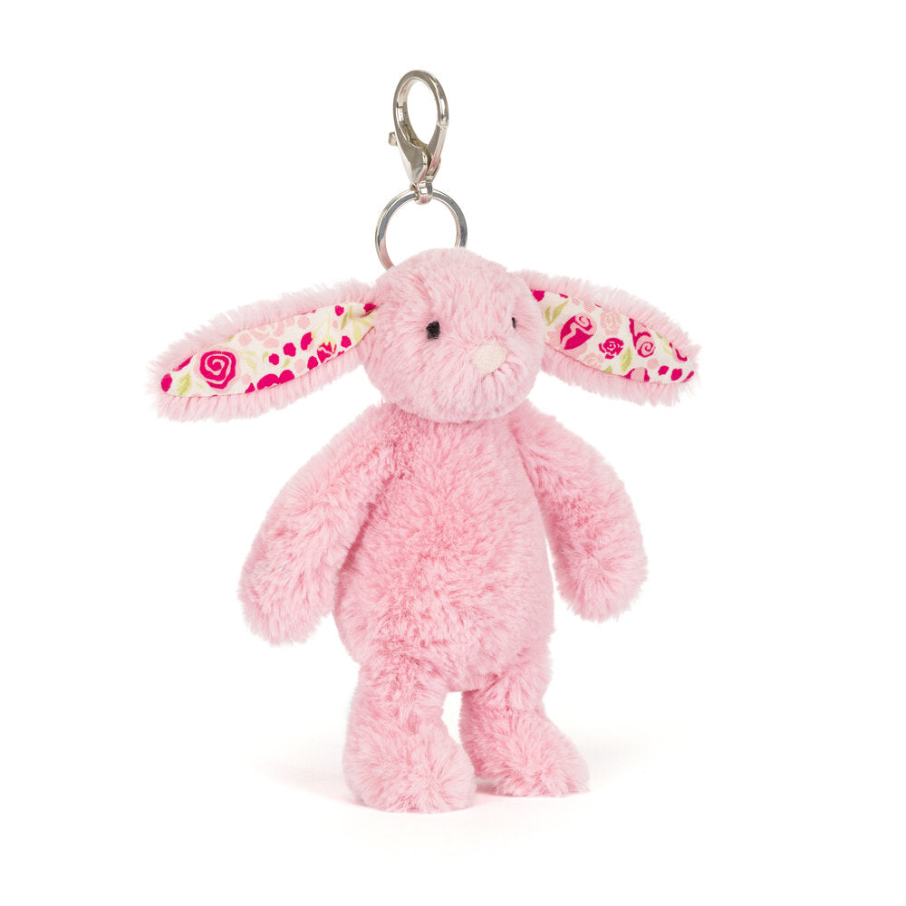 Aufgerichteter rosa Plüschhase als Taschenanhänger mit Metallring und Schleife oben
