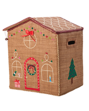 Häuschenförmige Weihnachtsbox in Raffia-Optik, braun mit roten Deko- und Fenster-Motiven