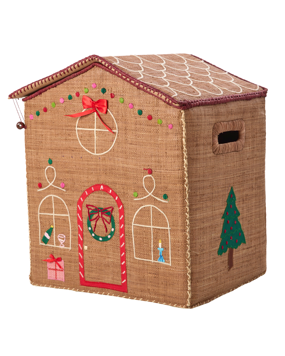Häuschenförmige Weihnachtsbox in Raffia-Optik, braun mit roten Deko- und Fenster-Motiven