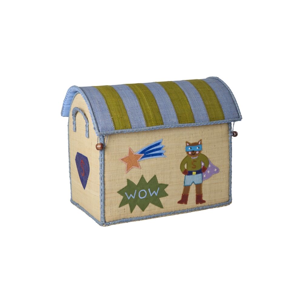 Stoff-Spielzeugkorb mit blauem Streifenmuster und Comic-Hero-Print, mit Deckel