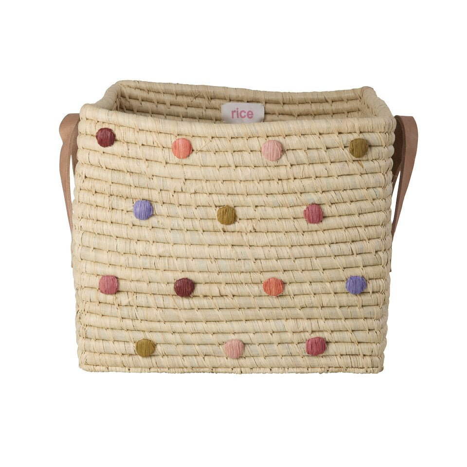 Quadratischer Raffia-Korb Natur mit buntem Dots-Muster, 30×30×25 cm