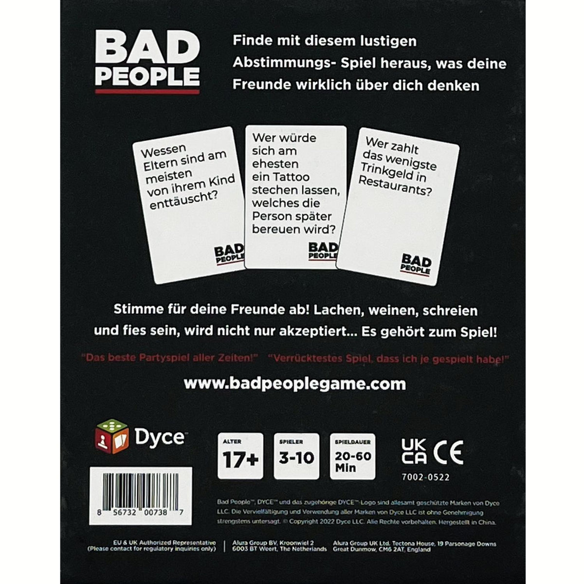 Spiel „Bad People“ (deutsche Ausgabe): Spielkarten auf schwarzem Karton